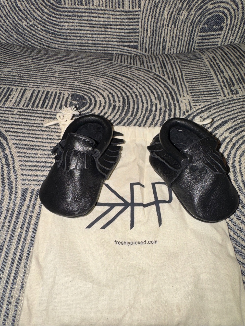 Freshly Picked Black Leather Baby Moccasins with Fringe Sz 1